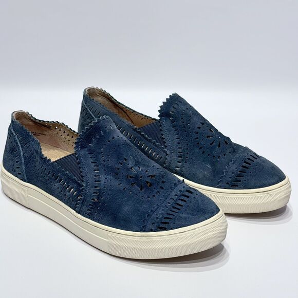 Seychelles Blue Suede Laser Cut Native Print Slip On Sneaker Women’s Size 9.5 - Picture 1 of 15